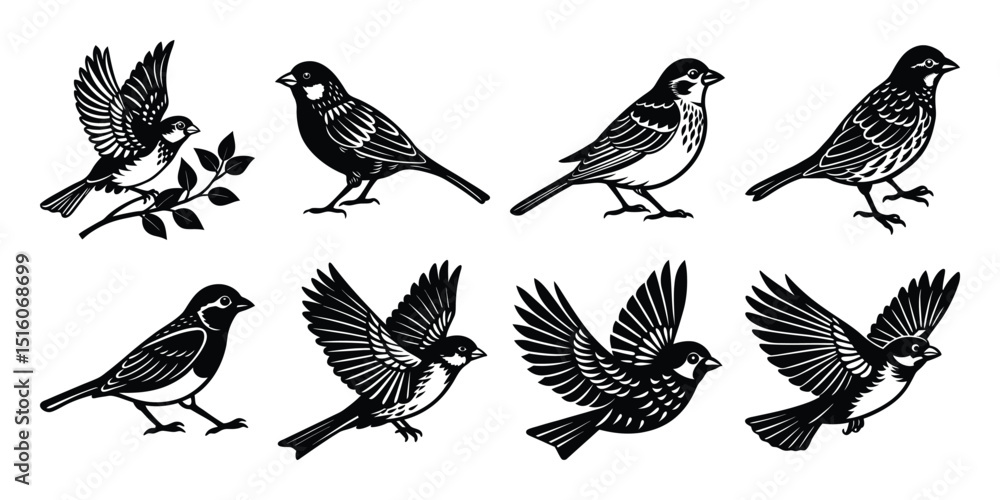 Obraz premium Diverse Birds in Varied Poses with Natural Elements Silhouette vector bundles.