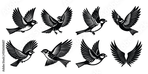 Birds Silhouettes vector Set of Flying Sparrows.