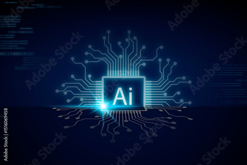 Visual representation of artificial intelligence concept featuring circuit pattern and glowing text on a dark background. This design highlight the fusion of technology and intelligence.