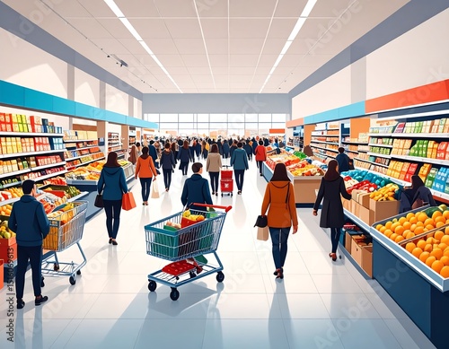 Crowded supermarket interior
