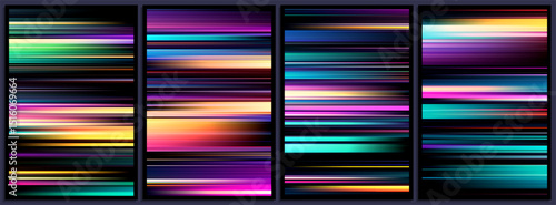 Set of glowing futuristic neon lights in high speed streaks and contrast lines. Light trails of high-tech universe shine in neon tones with visual symphony of speed and energy for banner, flyer, cover