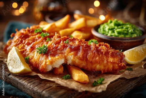Delicious Fish and Chips. Crispy battered fish served with fries and peas.
