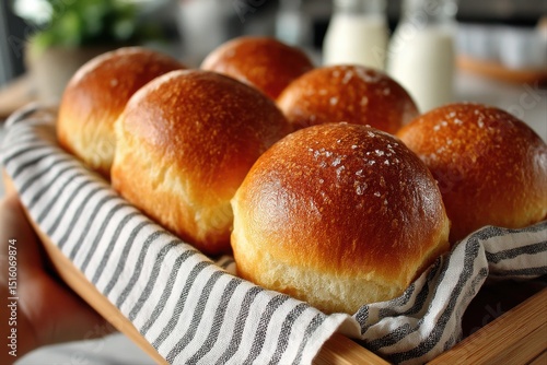 Freshly Baked Bread Rolls. Delicious golden dinner rolls served in a basket with a cozy linen.