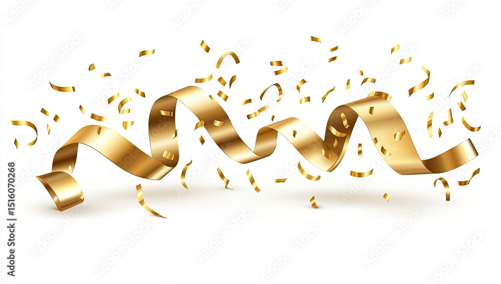Fototapeta premium Gold ribbon with confetti on white background. A swirling gold ribbon is central with scattered gold confetti all around, creating a festive, celebratory design