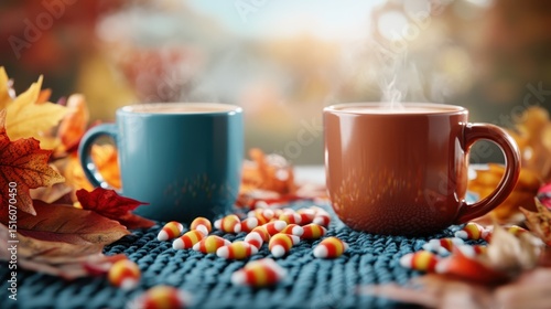 Two steaming cups of coffee nestled among autumn leaves and candy, radiating comfort and warmth, portraying the cozy essence of fall and seasonal gatherings.