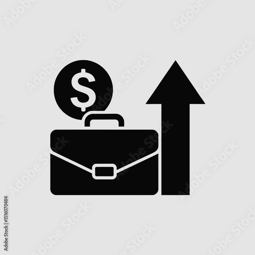 Financial growth concept represented by briefcase coin and arrow illustrating economic progress and investment returns in simple black and white vector design