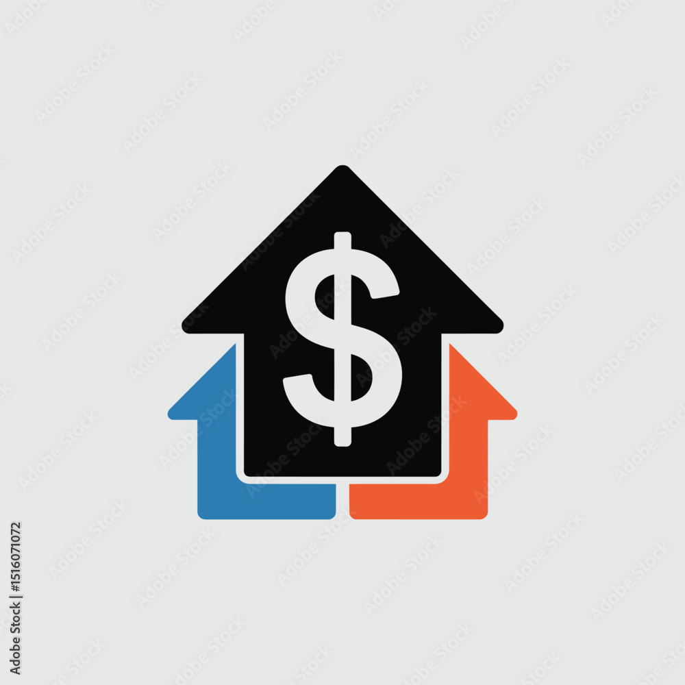 Financial concept illustration with a dollar sign incorporated in a house shape alongside two directional arrows indicating market trends in a modern design Financial concept illustration with a dollar sign incorporated in a house shape alongside two directional arrows indicating market trends in a modern design