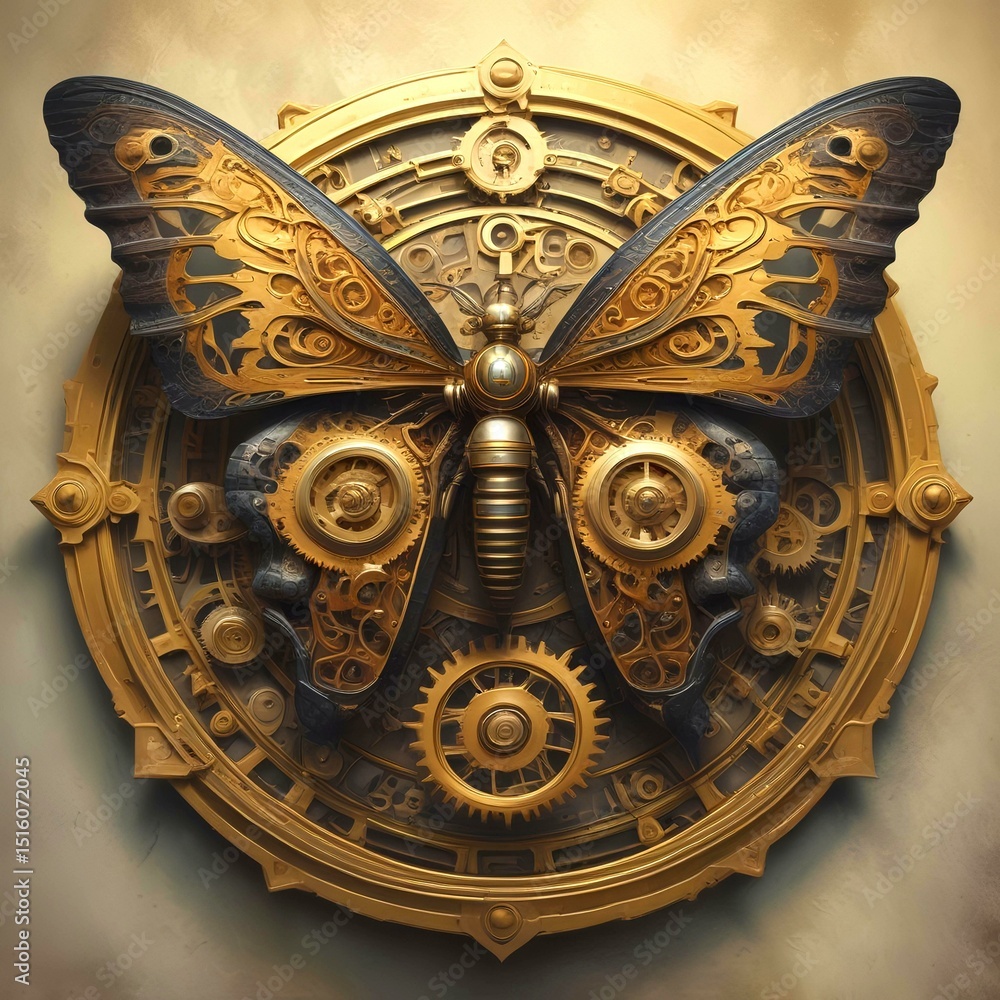 Obraz premium Illustration of butterfly with golden clock cog.