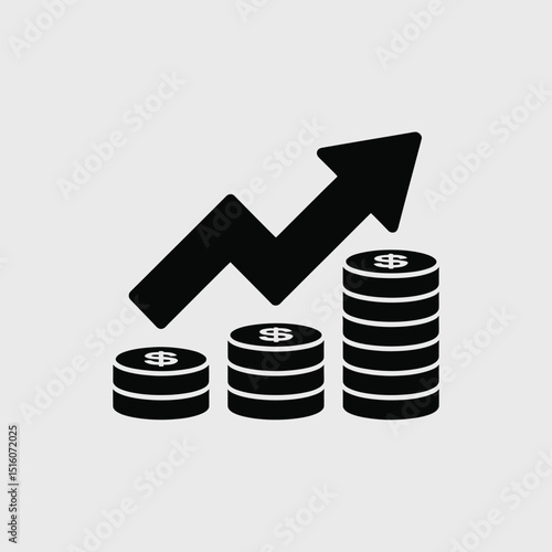 Financial growth and investment symbol depicting increasing profit and economic success with stacked coins and an upward arrow in black and white vector