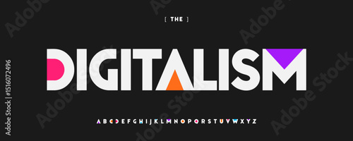 Bold Digital Font, Colorful Alphabet With Geometric Shapes and Vibrant Colors. Typeface for Tech Logo, Creative Poster Headline, Modern Branding, Eye-Catching Typographic Design. Vector Typeset