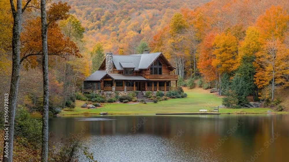 Cozy cabin by a serene lake in autumn colors Cozy cabin by a serene lake in autumn colors