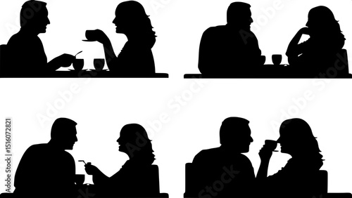 Iconic black-and-white silhouette scenes of couples in cafés: gesturing, sipping, and talking. Each table scene is unique in pose and angle, forming a cohesive collection with simple, graphic elegance