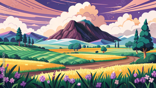 Amazing Spring landscape green fields landscape with mountain, blue sky and clouds background, Vertical peaceful rural nature in springtime with green grass illustration