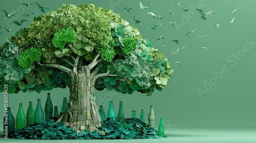 World Environment Day concept with vibrant 3D tree illustration as background. Environmental sustainability theme, advocating green earth, recycling and nature conservation.