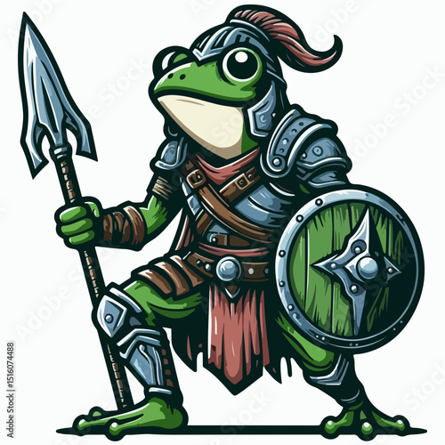 Valiant Amphibian Warrior: A detailed illustration of a brave frog clad in medieval armor, brandishing a spear and shield, ready for a heroic adventure.