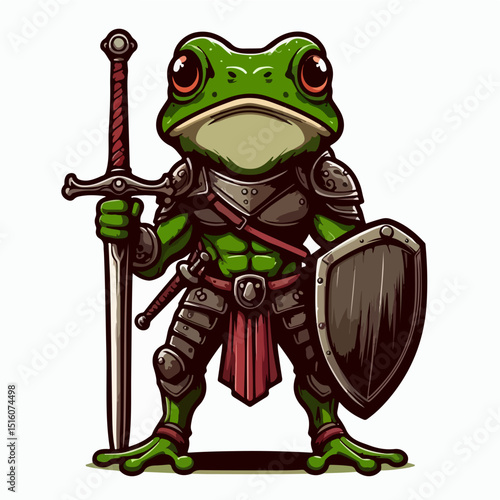 Brave Frog Knight: A brave frog knight stands tall, clad in shining armor and wielding a sword and shield. An image with a touch of fantasy and courage