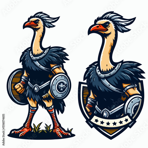 Fearless Ostrich Warrior: A stylized illustration of a fierce ostrich warrior, clad in armor and wielding a shield. It embodies strength, courage, and a unique blend of nature and fantasy.