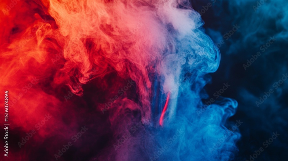 Fototapeta premium Vibrant red and blue smoke cloud in dramatic abstract artistic colorful visual explosion scene