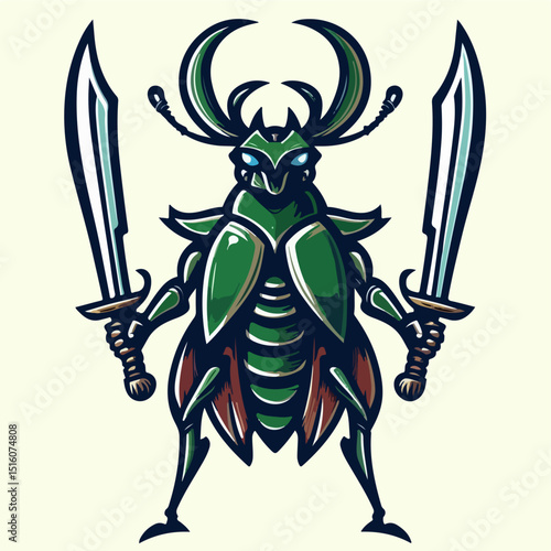 Stalwart Beetle with Blades: A vibrant illustration showcases a determined beetle warrior, brandishing two gleaming blades, set against a neutral backdrop, conveying courage and preparedness.