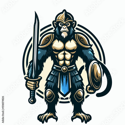 Warrior Ape: A strong ape stands ready for battle, adorned in protective armor and armed with a sword and shield, with a strong pose against a circular background.