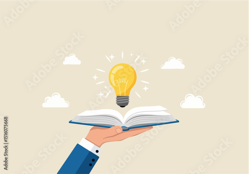 Flat vector illustration of a hand in a blue suit holding an open book, with a glowing yellow lightbulb above it, symbolizing learning, inspiration, and knowledge on a light beige background with clou