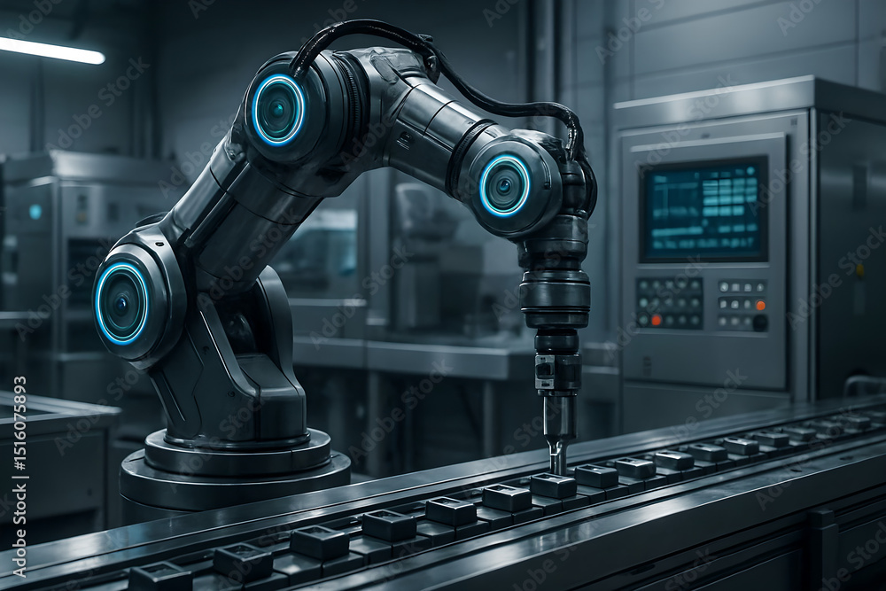 Fototapeta premium Futuristic Robotic Arm Operating in High-Tech Manufacturing Facility