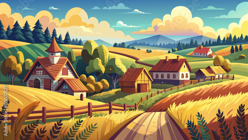 A big size panorama captures fields and rustic yards in a peaceful Ukrainian village, where golden crops, wooden fences, and distant cottages create a nostalgic countryside vector illustration.