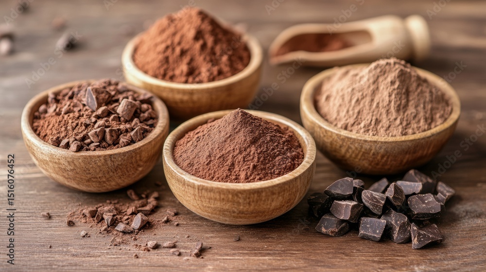 Cocoa powder and chocolate chunks in wooden bowls on table for dessert baking food setup flatlay Cocoa powder and chocolate chunks in wooden bowls on table for dessert baking food setup flatlay