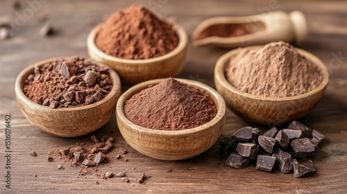 Cocoa powder and chocolate chunks in wooden bowls on table for dessert baking food setup flatlay