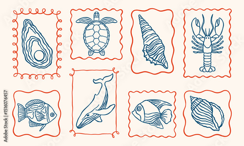 Underwater ocean creatures outline vector minimalist retro illustrations set with seashells, sea turtle, lobster, whale, fishes in whimsical frames