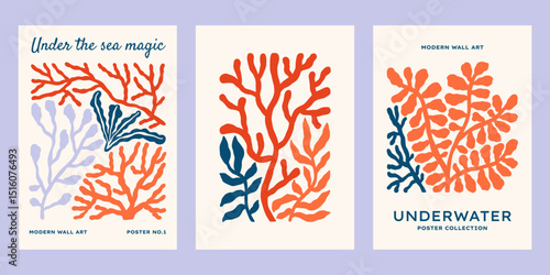 Underwater ocean plants vector posters set. Minimalist retro sea print designs with seaweeds, corals, floral illustrations