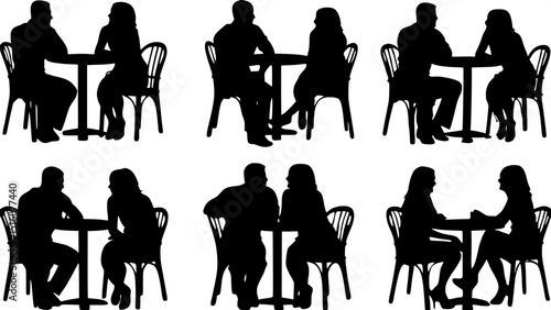 "Flat silhouette-style image set of different couples seated around café tables, in relaxed and conversational poses. Monochrome black figures on white background, arranged in a clean grid layout with