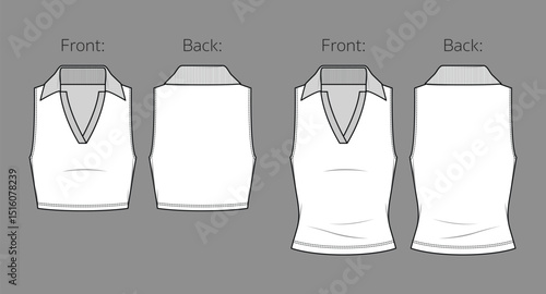 Vector crop top with polo neck technical drawing, woman halter V-neck polo collar sleeveless tee fashion CAD, sketch, template, flat. Jersey and rib fabric t-shirt with front, back view, white color