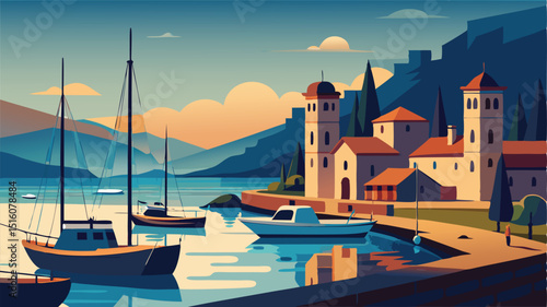 Beautiful mediterranean harbor town with boats and mountain view