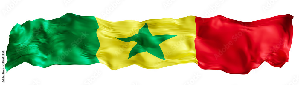 Obraz premium Stylized flag of Senegal waving in the wind on transparent background. Footer, header or divider. Cut out wide, panoramic element. Banner for patriotic themes or national event promotions. 3D.
