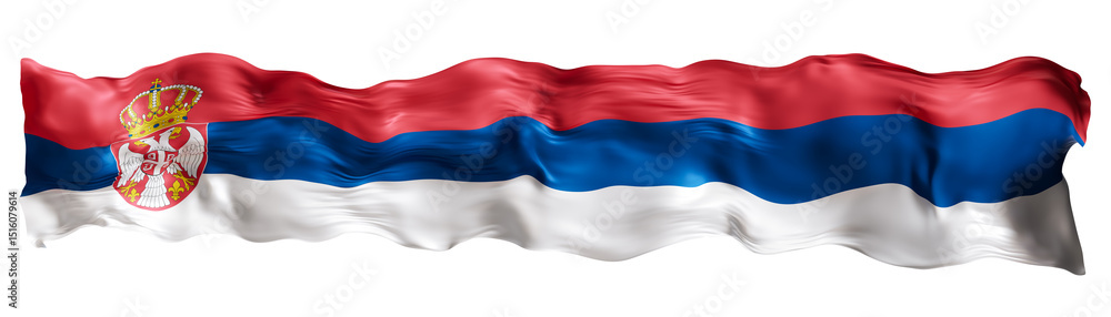 Fototapeta premium Stylized flag of Serbia waving in the wind on transparent background. Footer, header or divider. Cut out wide, panoramic element. Banner for patriotic themes or national event promotions. 3D.