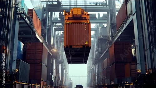 Container being lifted at shipping port front view Cargo handling efficiency digital.