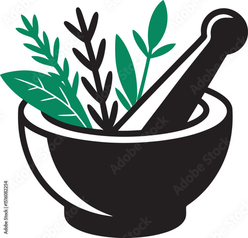 Illustration of a black mortar and pestle with green herbs for natural medicine and remedies.