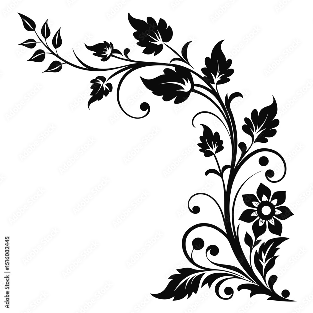 Obraz premium Black floral corner design with leaves and flower vector