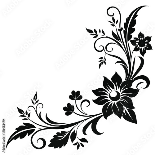Black floral corner design with swirls and leaf accents