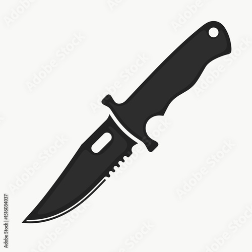 Black tactical knife with serrated edge on a neutral background  