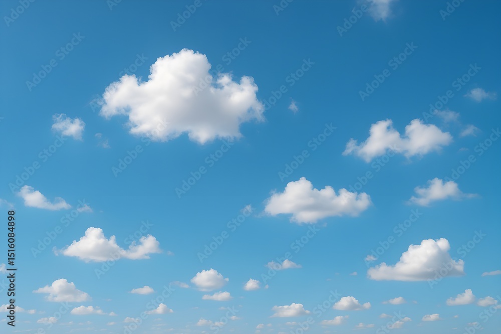 Fototapeta premium Blue sky with fluffy cumulus clouds on a sunny day. Blue sky background. White fluffy clouds in a vibrant blue sky. Peaceful clear sky. Summer backdrop. Cloudy sky background. Open air. Sky view