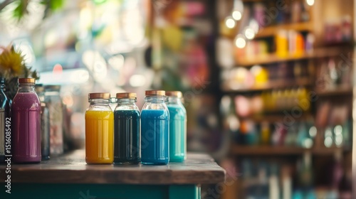 Wallpaper Mural Colorful jars on shop counter with blurred background for product retail photography marketing display concept visuals Torontodigital.ca