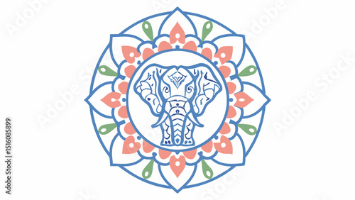 intricate mandala pattern, stylized elephant head, geometric designs, vibrant colors, symmetrical composition, ornamental flourishes, decorative elements, spiritual symbolism, digital art, fantasy ill