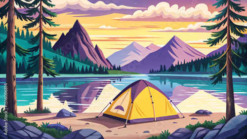 Amazing Sunset view of a yellow tent pitched vector by a calm lake surrounded by majestic mountains and evergreen forest illustration