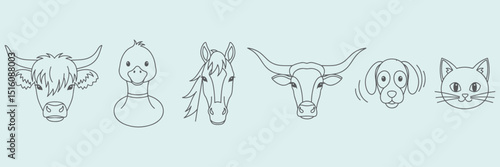 Farm animals like highland cow, duck, horse, longhorn cow, dog and cat hand drawn vector outline icons.