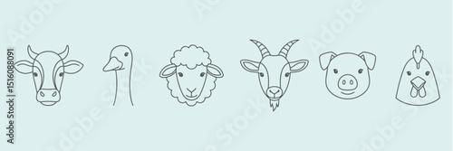 Farm animals like pork, hen, cow, sheep, goat and goose hand drawn vector outline icons.