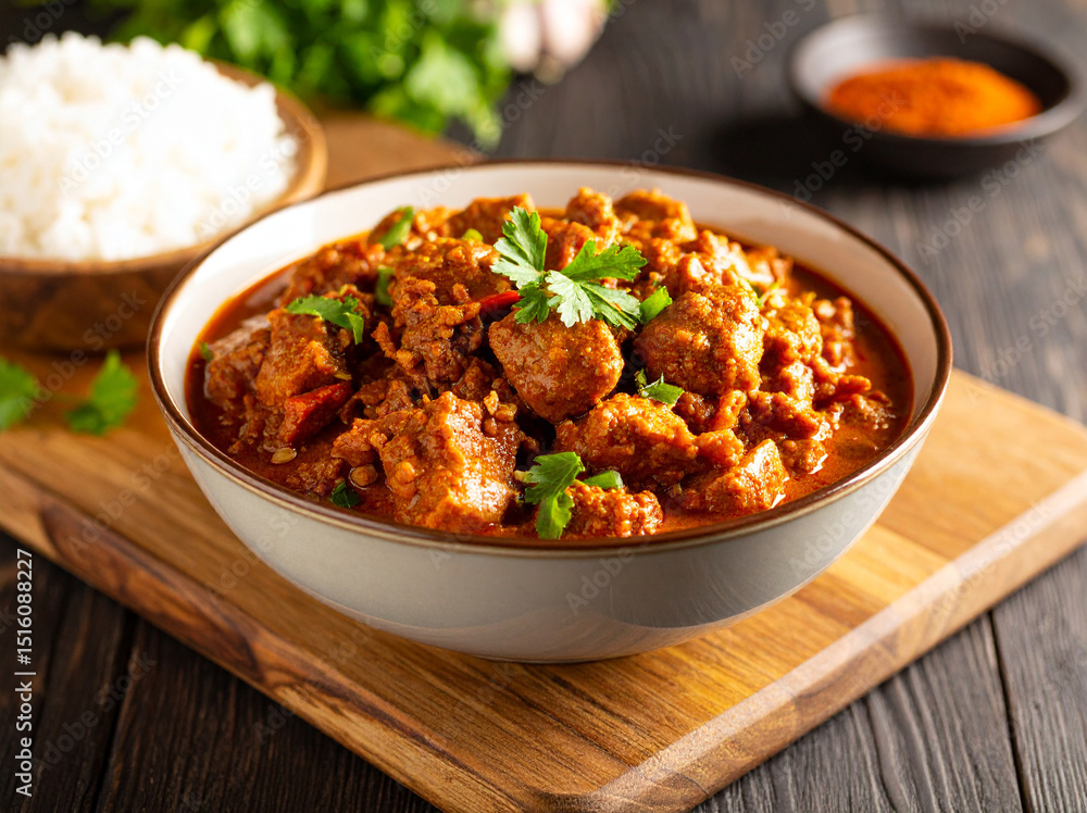 a bowl of rendang on a wooden board a bowl of rendang on a wooden board