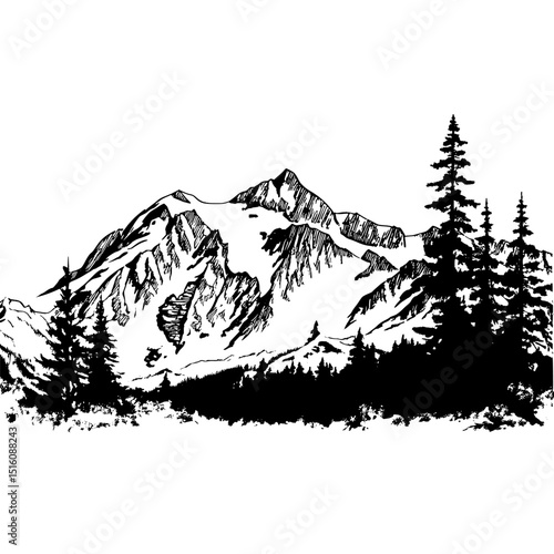 Wall art featuring modern illustrations of black and white mountain ranges with trees, using stencil art to create symbolic and outdoor scene landscapes