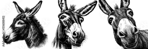 The engraved style art design features a detailed black and white retro illustration of a donkey's head